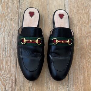 GUCCI Princetown Leather Mules Black Horsebit Stripe Size 38.5 / 8